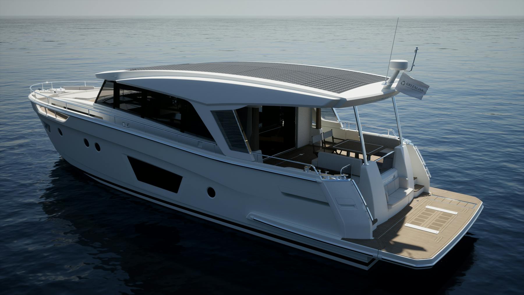 Manufacturer rendering of Greenline 58 Coupe with open aft cockpit