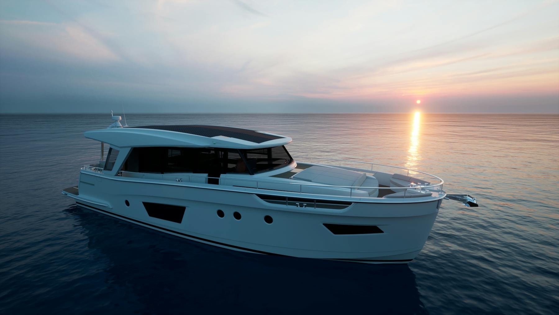 Manufacturer rendering of Greenline 58 Coupe at sunset